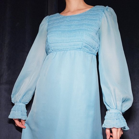 Vintage Dresses Vintage 7s Pastel Blue Babydoll Empire Waist Maxi